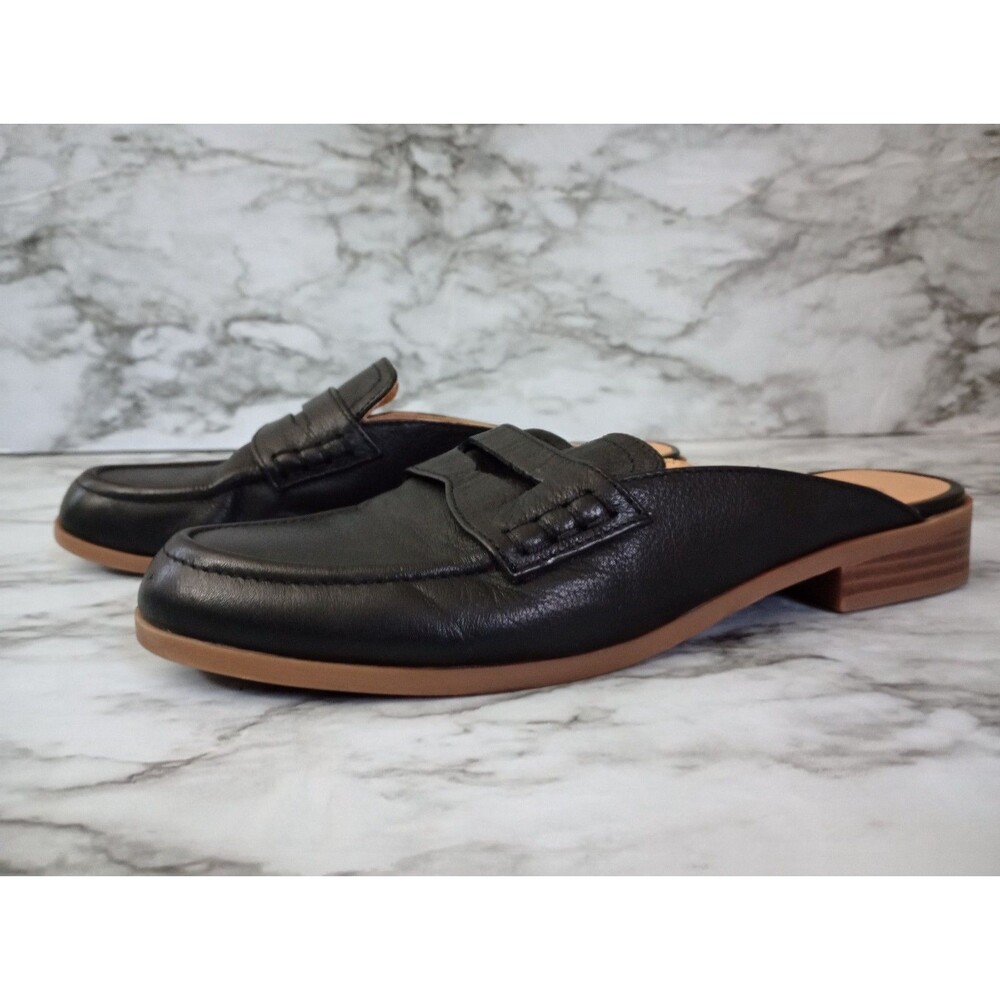 Crown Vintage Black Leather Loafer Mules Block Heel Shoes Size 7.5M